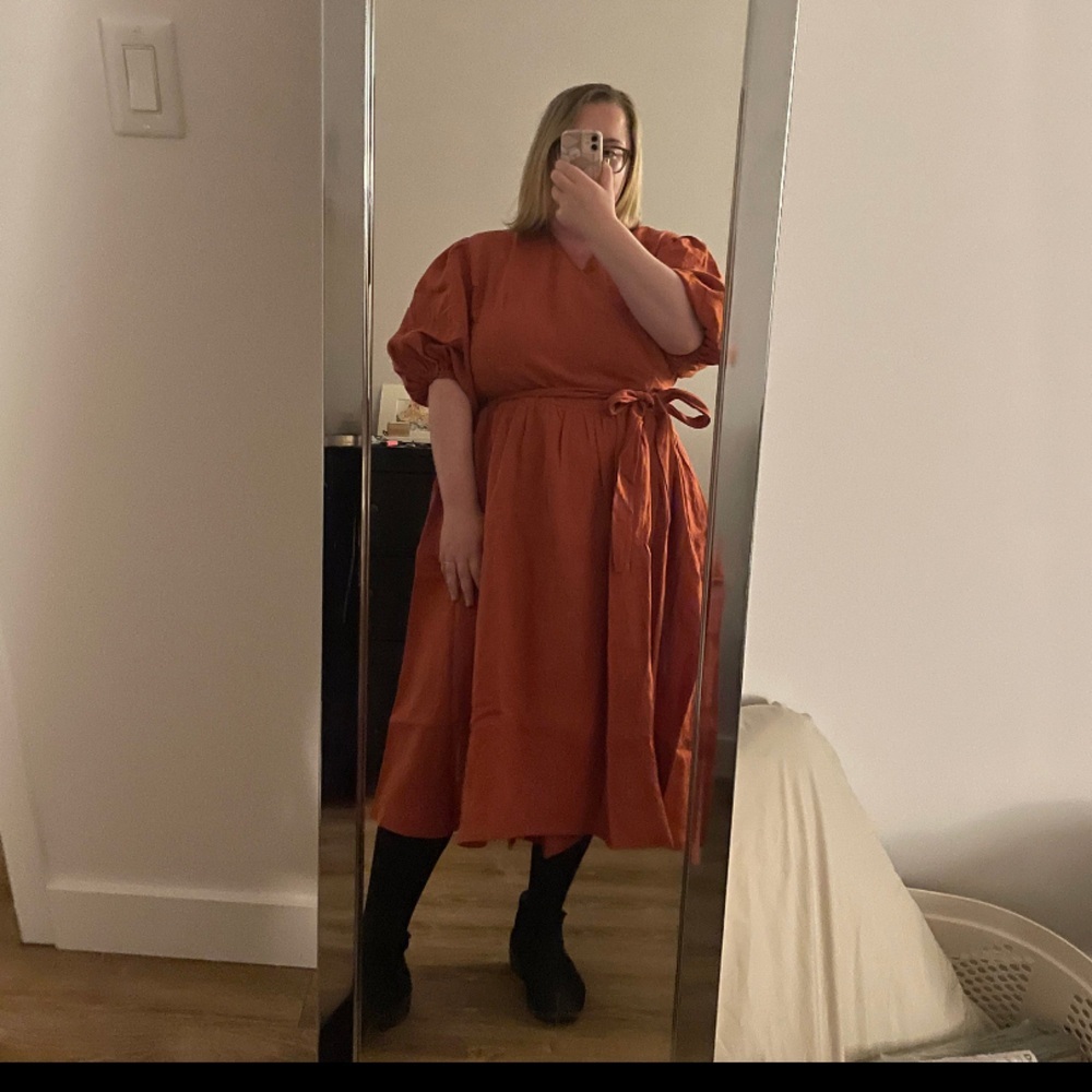 Women's Rust Wrap Midi Dress with Puff Sleeves - Picture 13 of 14